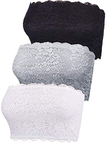 Boao Reggiseno a fascia senza spalline in pizzo floreale da donna, 3 pezzi, senza cuciture, elastico, fascia per il torace, nero, bianco, grigio., XL