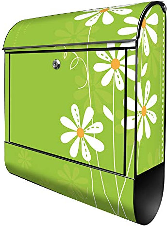 banjado Design Briefkasten mit WT Gänseblümchen 38,5x46,5x13cm & 2 Schlüssel - Briefkasten Stahl schwarz mit Zeitungsfach pulverbeschichtet - Postkasten A4 Einwurf inkl. Montagematerial