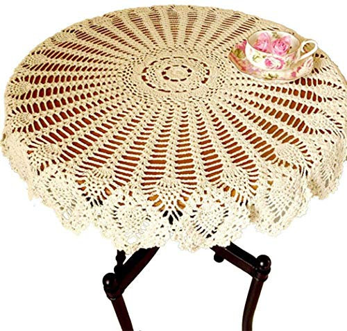 NC AMIPOS 90 cm runde Vintage beige handgefertigte Häkelspitze Deckchen Häkel-Tischdecken Baumwolle Tischdecke Tischdekoration Hochzeit Zuhause Party Dekor (Beige)