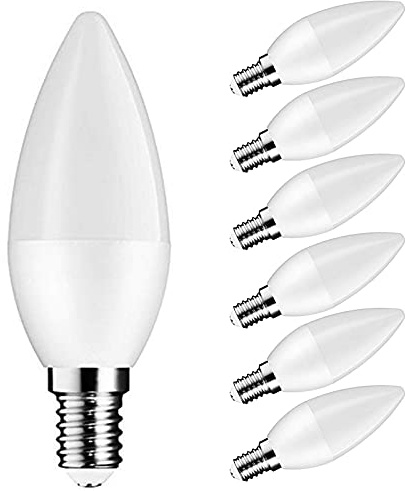 E14 LED Candelabra Light Bulbs, 5 watt, 50 watt Equivalent C37 B11 Ceiling Fan Bulb Chandelier Bulbs,6000 Kelvin Daylight White Candle Lights, Frosted Plastic Shell, 6-Pack