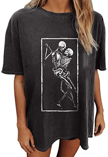 Summer Y2k Tops für Damen, lässiges Vintage-Totenkopf-T-Shirt, kurzärmelig, Übergröße, locker, Rundhalsausschnitt, elastisch, schwarze T-Shirts, A10_dunkelgrau, XX-Large