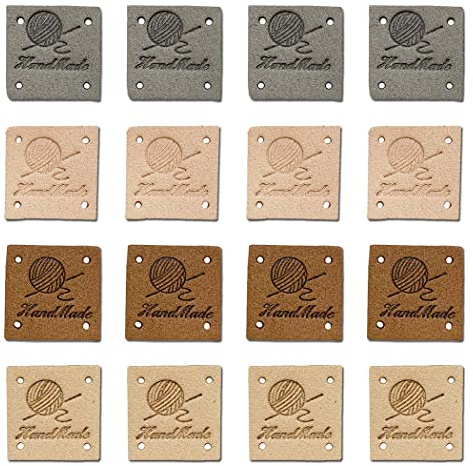 Borsgye 40 Stück Handmade Leder Etiketten Tags Hand Made Label zum Annähen Handgefertigte Kleidung Nähetiketten PU Label Aufnäher mit Löchern für Jeans Nähen Basteln Bekleidung - Quadrat - 5678