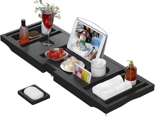 Artmalle Vassoio portaoggetti per vasca da bagno, vassoio espandibile e pieghevole per vasca, lussuoso tavolo da bagno in bambù, accessori per vasca da bagno con supporto per libri e portasapone, nero
