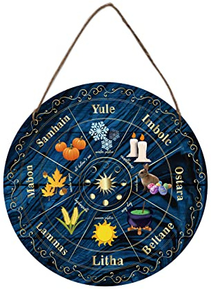 NBEADS Letrero de Madera de Rueda del año, 30cm Sabbats nórdico Pagan Sign Brujas Runes Tablero Grabado de Madera Wiccan Holidays, decoración Vintage Hecha a Mano de Navidad