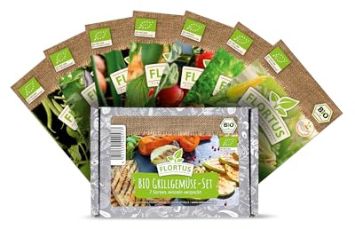 FLORTUS Grillgemüse Samen Set 7 Sorten BIO Gemüsesamen | Saatgut für frisches Gemüse ideal zum Grillen | Samen für Gemüsegarten | Aubergine, Möhre, Paprika, Bohnen, Kirschtomaten, Zucchini, Zwiebeln