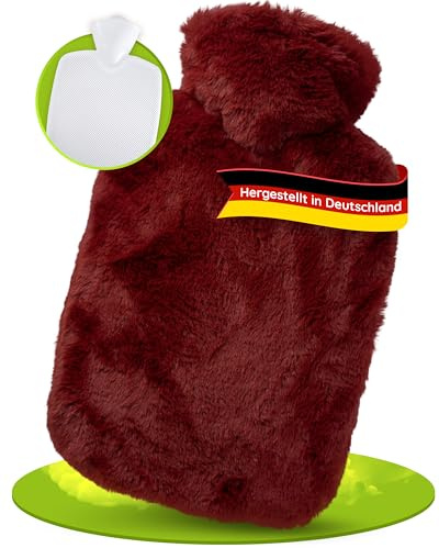 Hugo Frosch Wärmflasche Klassik 1,8 l mit kuscheligem Flauschbezug Rot | Große Bettflasche Made in Germany, auslaufsicher & langlebig, mit weichem Langhaar-Überzug, abnehmbar & waschbar