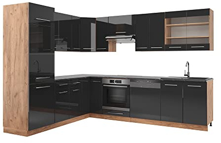 Vicco Eckküche Fame-Line, Anthrazit Hochglanz/Goldkraft Eiche, 227 x 287 cm ohne Arbeitsplatte