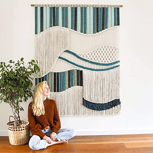 WABMJGW Makramee-Wandbehang, Boho-Chic, bunter Makramee-Wandteppich, 100 % handgefertigt, gewebtes Baumwollseil, Wandteppiche, elegante Streifen, Wandkunst, Dekor, grün, 100 x 125 cm