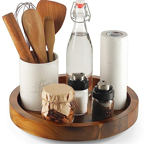TIDITA 10 Acacia Lazy Susan Organizer for Cabinet - Wood Lazy Susans Turntable for Countertop - Wooden Kitchen Turntable Storage Food Bin Container for Table; Spices, Fridge, Pantry (10 Inch Acacia) | Solid Acacia Wood, Non-Skid Pads, Swivel Round Lazy Susans Turntable for Countertop, Decorative Tray, Cheese Board, Multi-Use
