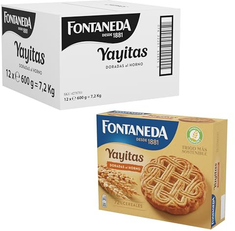 Fontaneda Yayitas Galletas Doradas al Horno, 72% de Cereales, Fuente de Fibra, 12 cajas de 600 g