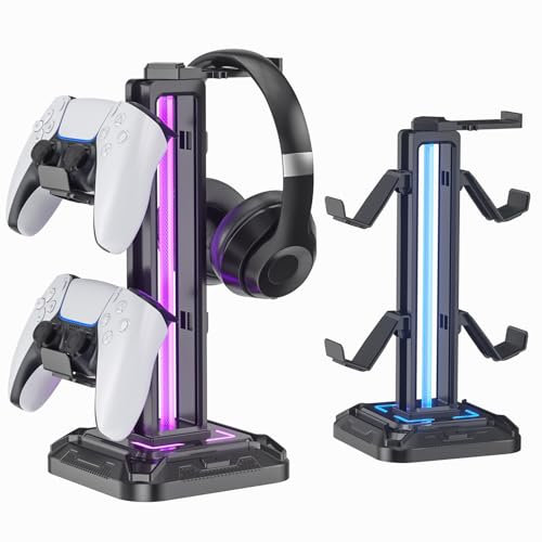 KDD Headset Stand with 9 Light Modes - Gaming Controller Holder for Desk - Rotatable Headphone Stand & Detachable Controller Hook for Gamer Gaming PC Xbox ONE PS5 Earphone Accessories(Black