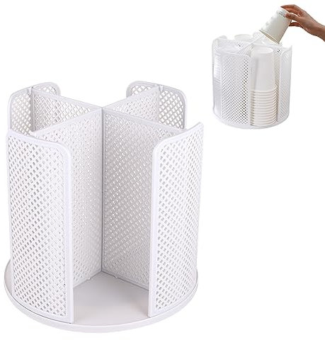 Qivine Tazas Dispensador, 4 Compartimentos 360° Giratorio Portavasos, Blanco Plástico Café Vasos Desechable Papel Dispensador, Capacidad para 60-80 Tazas de 5-8 cm Diámetro