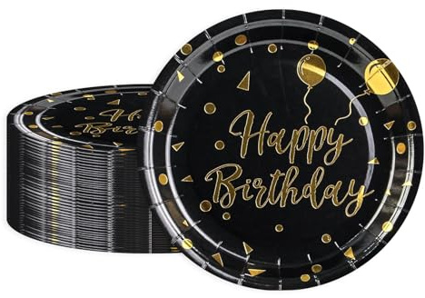 BOKFJBP 50Pack Paper Plates 9 inch, Disposabl Black and Gold Happy Birthday Dinner Plate Tableware for Retirement Birthday Wedding Camping Baby Shower Picnics All Occasions