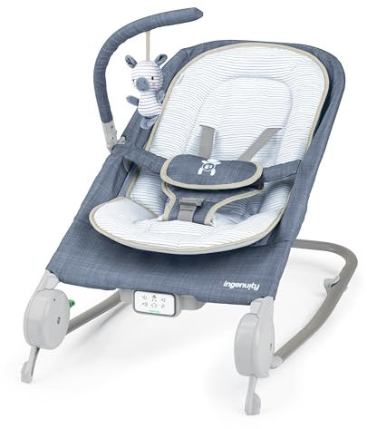 Ingenuity Happy Belly Babywippe & Babyschaukel mit Massage, Vibration, Musik & Faultier, lindert Bauchweh, 0–6 Monate – Blau (Chambray)