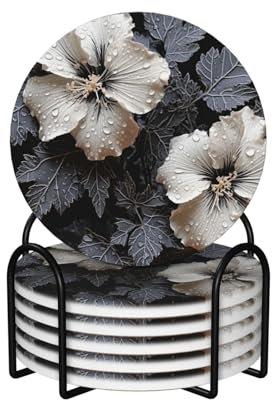 Getränkeuntersetzer mit Halter, weiße und schwarze Blumen, bedruckt, saugfähig, hitzebeständig, Keramik-Stein-Untersetzer mit Korkboden, Tischschutzmatte für Tassen, Tassen, Büro, Küche