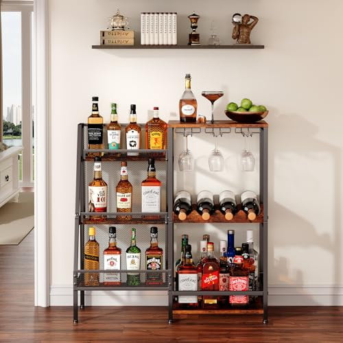 Versatile Liquor Stand for Home Bar, Wine Rack Freestanding Floor, Mini Bar Table for Liquor Whiskey Wine, 3-Tier Trapezoidal Liquor Bottle Display Shelf with Glass Holder and Fences(Patent Pending)