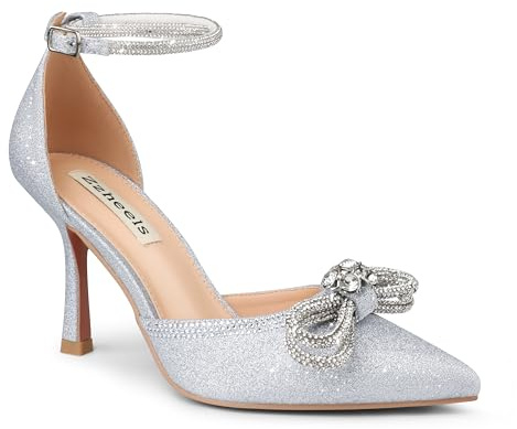 Zzheels Women's Wedding Heels Sparkly Rhinestone Stiletto Pumps Bow Heels Pointed Toe Ankle Strap High Heels Bridal Party Dress Shoes Silver Glitter US6.5