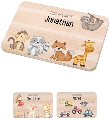 Bärenfreunde - Individuelles Holzbrett mit hochwertigem Spezial-Druck für Kinder - Personalisiertes Frühstücksbrettchen - Niedliche Motiv-Brettchen mit Namen (Baby Tiere)
