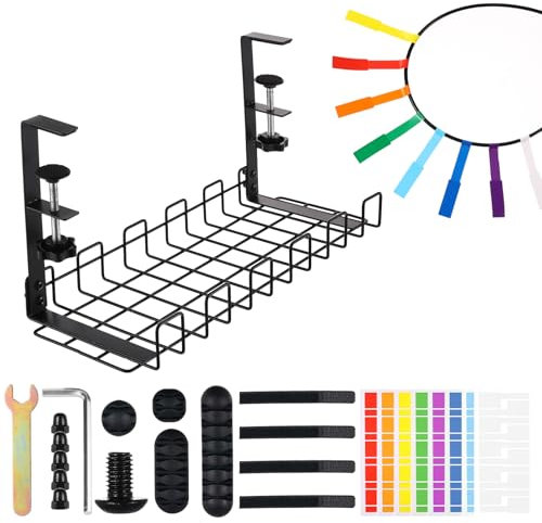 Under Desk Cable Management Tray, Lemecima Upgraded Wire Management No Drill No Screws, Cable Tray with Clamp for Desk Wire Management, Computer Cable Rack for Office, Home - No Damage to Desk Black