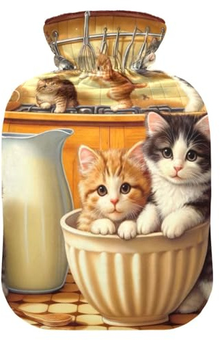 Wärmflasche mit Katzen in der Küche, mit weichem Bezug, Füße und Bettwärmer, Wärmbeutel zur Linderung von Nacken- und Schulterschmerzen, 2 l
