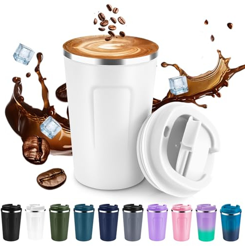 Volhoply Taza de café de viaje aislada al vacío de doble pared de 12 onzas con tapa abatible, taza de café reutilizable de acero inoxidable a prueba de fugas, vaso térmico portátil adecuado para