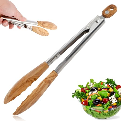 Olive Wood Tongs, Kitchen Tongs with Wood Tips and Stainless Steel Handle, Locking Wooden Toaster Tongs Nonstick Wood Tongs Multifunctional Salad Tongs for Cooking Serving Grilling