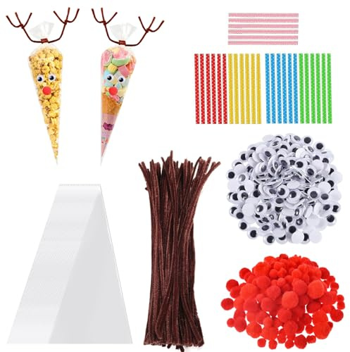 HUIKUANGEU Süßigkeitstüten, 100 Stück Spitztüten Transparent, Cellophantüten, für Bonbons, Kekse, Rentier Bastelset, Weihnachtsgeschenke, 13 x 25 cm