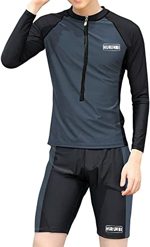PODOLIXIA Traje de baño de 2 piezas para hombre, traje de baño de manga corta, bañador con protección UV, juego de baño de secado rápido, ropa de natación ajustada, Negro 02., XL
