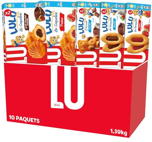 Lu - Boîte Lulu Assortiment Biscuits Moelleux - 1,39kg | 10 Paquets-Barquette Chocolat Noisettes (x3) Fraise (x2), Coqueline Chocolat (x2) Fraise (x1), L'Ourson Chocolat (x2)