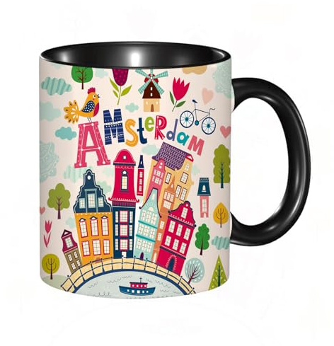 EKLMPS Tazas de Café,Taza de Cerámica para Té y Café,330ml/11oz,Regalos original,Aniversarios,nupical,desayuno,Románticos,Estilo de dibujos animados con símbolos de Amsterdam