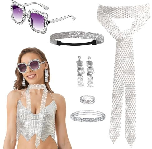 6 Stück Disco Kostüm Damen Zubehör Set,70er 80er Jahre Kostüm Damen Glitzer Disco Outfit Accessories für Fasching Party Karneval Kostüm Paillettenhalsband Sonnenbrille Ohrringe Stirnband (Silber)