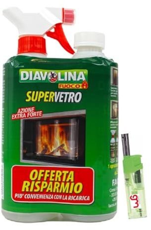 Diavolina Supervetro, Detergente Pulitore Specializzato ad Azione Extra Forte per Pulire a fondo i Vetri di Camini e Stufe dalla Fuliggine con Accendino GM (Kit 0,5 + 0,5lt)