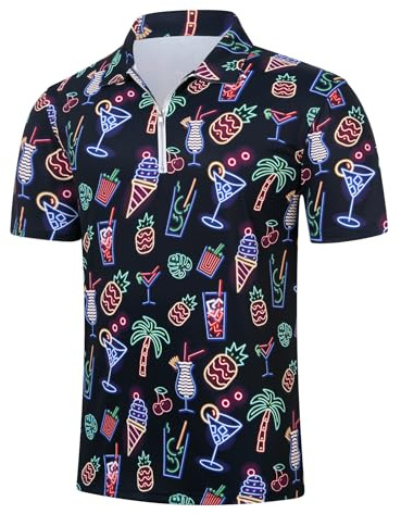 Swimnus Men's Breathable Polo Shirts Hawaiian Juice Pineapple Printed Quick Dry Casual Work Golf Shirt with Zipper Black L