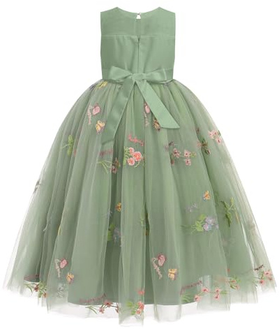 IWEMEK Vestidos de flores para niñas, sin mangas, para dama de honor, tutú, primera comunión, fiesta de noche, princesa, desfile, cumpleaños, graduación, carnaval, vestido de baile, verde, 13-14 años
