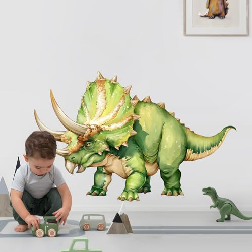 Supzone Wandtattoo Großer Dinosaurier Wandaufkleber Grüne Triceratops Wandsticker Kinderzimmer Babyzimmer Jungenzimmer Spielzimmer Wanddeko(114x74cm)
