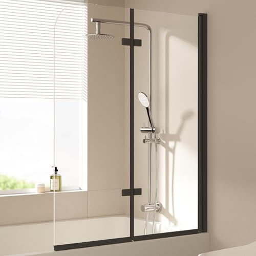 EMKE Paroi de douche pour baignoire - 110 x 140 cm - Noir - Pliable - 2 pièces - Pour baignoire, paroi de douche pliable - 6 mm - Verre de sécurité
