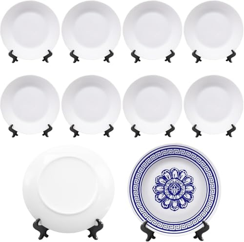 HFZCV 10 Pieces 8 Inch Round Porcelain Dinner Plates Salad Plate Set White Dinnerware Dish Serving Plates