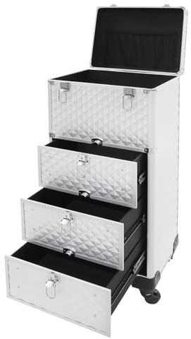 PUDLOR Rollbarer Schminkkoffer Mit Schubladen, Groß Kosmetik Trolley Mit 3 Schubladen Groß Kosmetikkoffer Make up Koffer Abschließbarer Nageldesign Koffer Eingewickelte Ecken Gleitschienen
