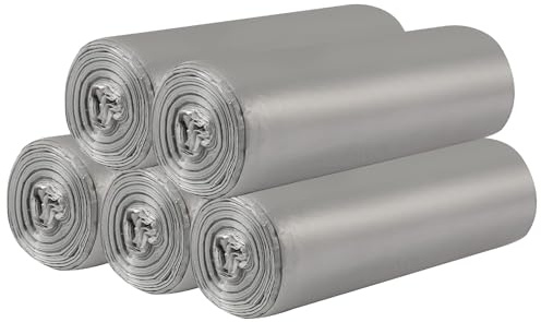 5 rollos de bolsas de basura pequeñas – 100 bolsas de basura resistentes de 15 litros para el hogar, oficina, cocina, baño y habitación infantil (plata)