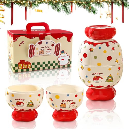 QIANAI Tazza Natale Set, 2 Pezzi Tazze da Caffè Natalizie, Tazza Natalizia con Scatola Regalo, Tazza da Caffè in Ceramica, Ciotola in Ceramica Natalizia, Ciotola con Motivo Natalizio Giocoso