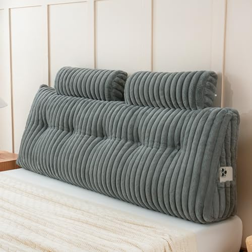 YOUR MOON Large Wedge Headboard Pillow Queen for Back with 2 Roll Pillows, Faux Fur Backrest Cushion with Shredded Memory Foam, Triangular Wedge Reading Pillow for Bed Sitting Up Sleeping, Gray