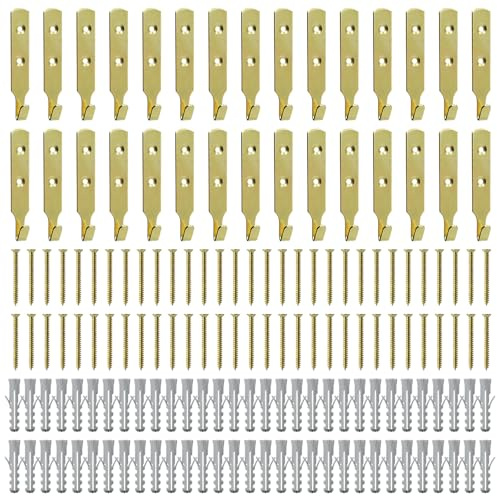 30PCS Heavy Duty Brass J Wall Hooks,Picture Mirror Hanging Hook with Wall Plugs and Fiberboard Screws for Bedroom Kitchen Bathroom - Hang up to 35kg