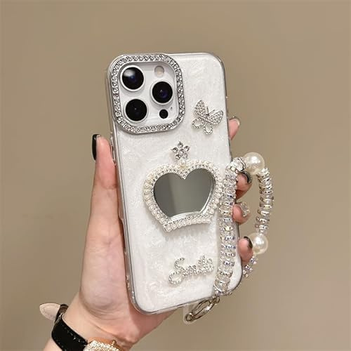 BEENTRYS Funda Espejo para Moto E13 Funda,Brillante Perlas Strass Mariposa Niñas Mujeres Elegante Regalo Suave TPU Delgado Antigolpes Protección Carcasa con Pulsera-Blanco