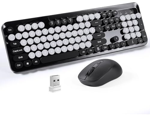 LAMA Wireless Keyboards and Mouse Combo, 2.4G Full Size USB Computer Keyboard and Mouse Set with Number Pad, USB Receiver, Retro Round Keys, US Layout, for Windows PC Laptop, Black