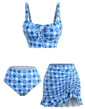 DRESSFO Womens Retro Bikini Sets 3 Piece Vintage Plaid Flower Heart Printed High Waisted Tankini Swimsuits Bathing Suit(Sky Blue/XXXL)