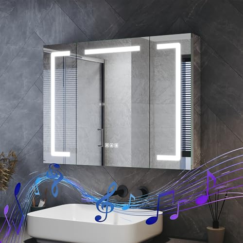 SUNXURY Spiegelschrank Bad mit Beleuchtung 80x60x12,5cm LED Spiegelschrank mit Dimmbar, Verstellbare Glasablage, mit Bluetooth, Touchschalter und Steckdose, Beschlagfrei, Aluminium Badschrank, Siber