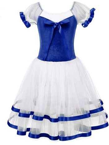 DUNSBY Vestito Da Ballerina Bambina Giallo Tutu di danza classica Body for ragazze Dancewear Costume Nastro Gonna lunga in tulle Ballerina Fata Costumi for feste(Blue,10(120-130cm high))