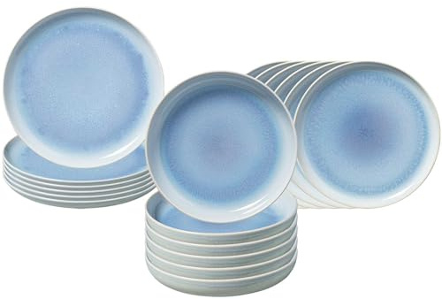 like. by Villeroy & Boch Crafted Blueberry Lot de 18 assiettes modernes, assiettes plates, soupes et desserts, aspect poterie, passent au lave-vaisselle et au micro-ondes, porcelaine de qualité