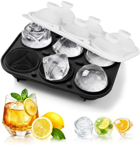 6 Hole Silicone Ice Ball Mould 5cm with Funnel Lid for Whiskey Cocktails | Round Ice Cube Tray, Reusable Large Ice Sphere Maker for Freezing Fruit Berries Pudding Jelly Juice Chocolate