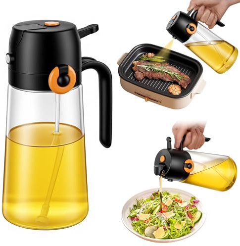 ABOHU Pulverizador de Aceite para Cocinar, Botella Dispensadora de Aceite de Oliva 2 en 1 para Cocina, Dispensadora para Freidora Aire, Ensaladas, Vinagre y Accesorios Cocina 470ml(1 unidad, Negro)